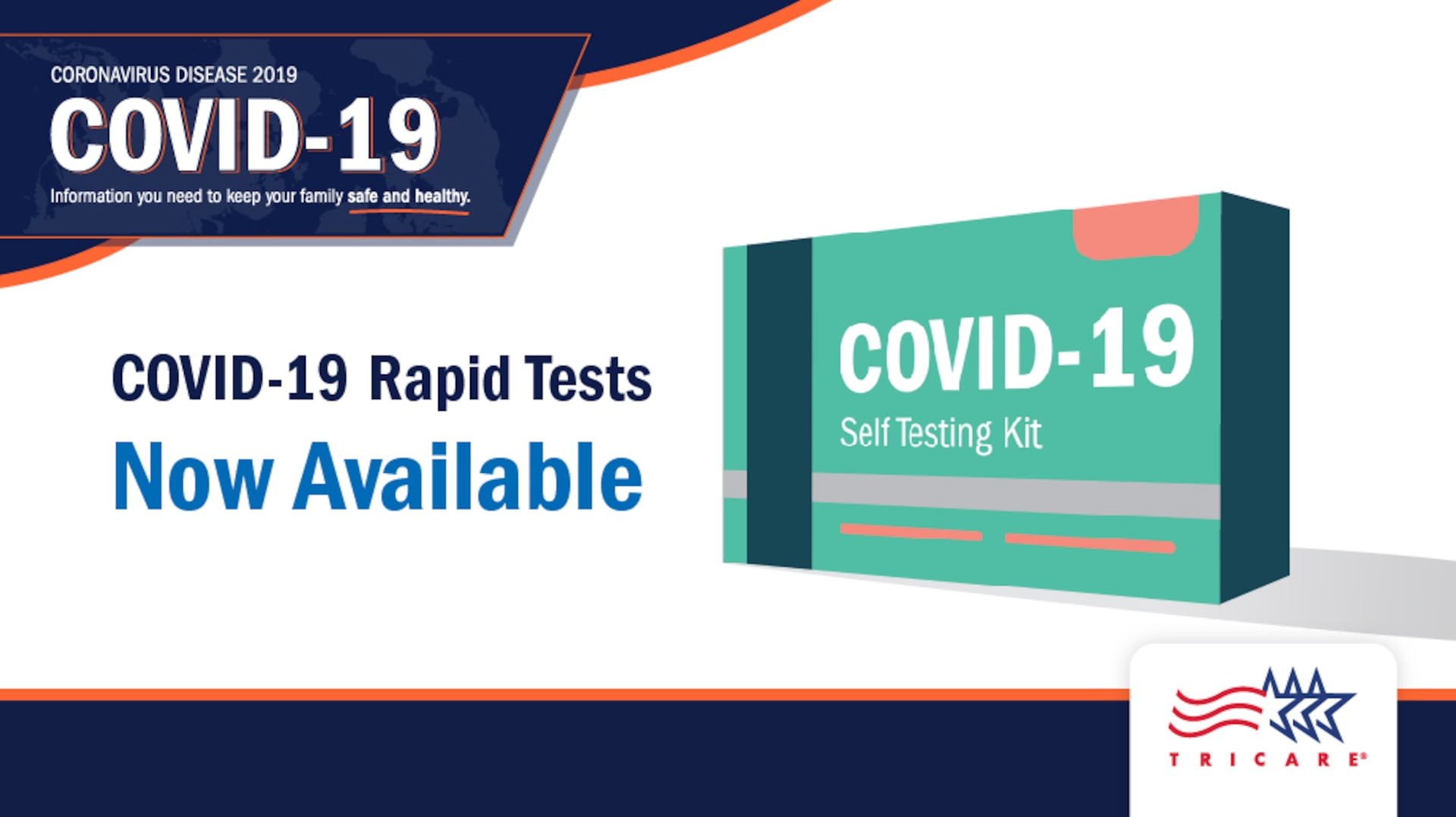 Graphic with a COVID test kit and the text "COVID-19 Rapid Tests Now Available"