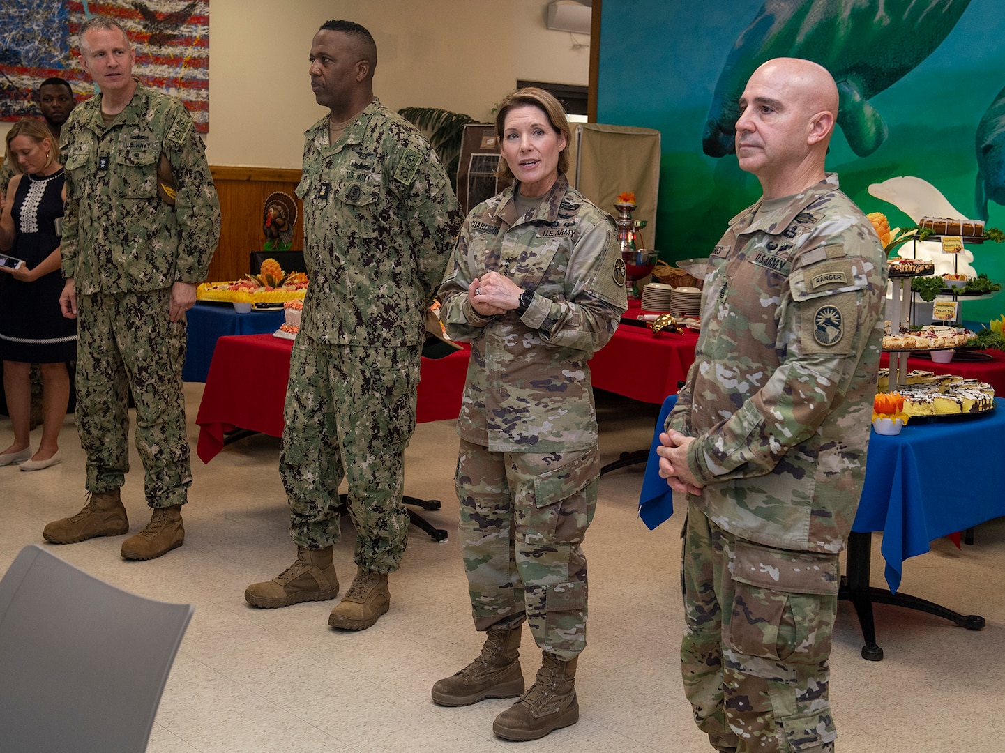 Gen. Laura Richardson, commander, U.S. Southern Command, center, gives a holiday speech to Sailors, Marines, and Soldiers at a Thanksgiving lunch in the gold hill galley on U.S. Naval Station Guantanamo Bay, Cuba on Nov. 24, 2022.