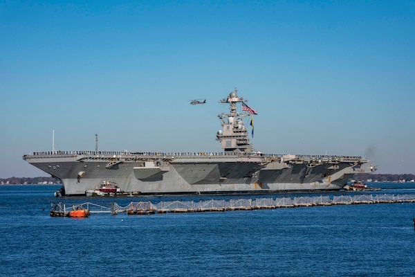 USS Gerald R. Ford (CVN 78) returns to Naval Station Norfolk after completing their inaugural deployment to the Atlantic Ocean with the Gerald R. Ford Carrier Strike Group (GRFCSG), Nov. 26.