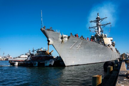 The Arleigh Burke-class guided-missile destroyer USS McFaul (DDG 74) returns to Naval Station Norfolk upon completing a deployment in the Atlantic Ocean with the Gerald R. Ford Carrier Strike Group (GRFCSG), Nov. 26