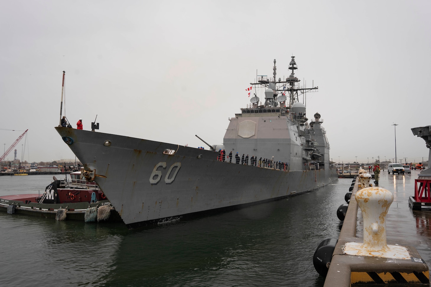 he Ticonderoga-class guided-missile cruiser USS Normandy (CG 60) pulls along the pier at Naval Station Norfolk, Nov. 25.