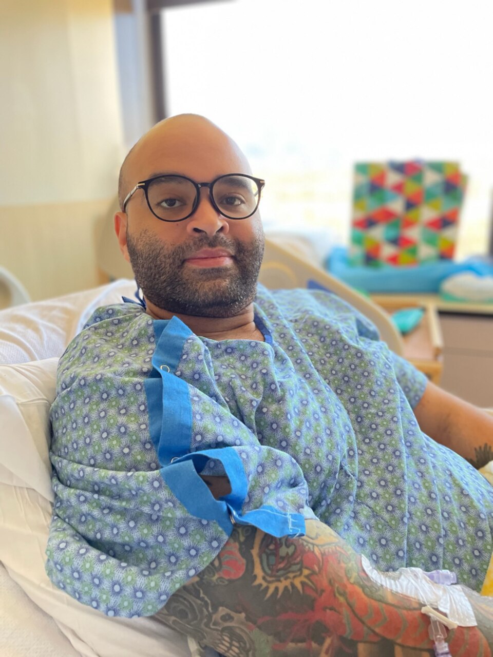 Information Systems Technician Second Class Thomas James recuperates in Centura Penrose Hospital, Colorado Springs, on Nov. 26, 2022.  James was among those injured in the Colorado nightclub shooting on Nov. 19.