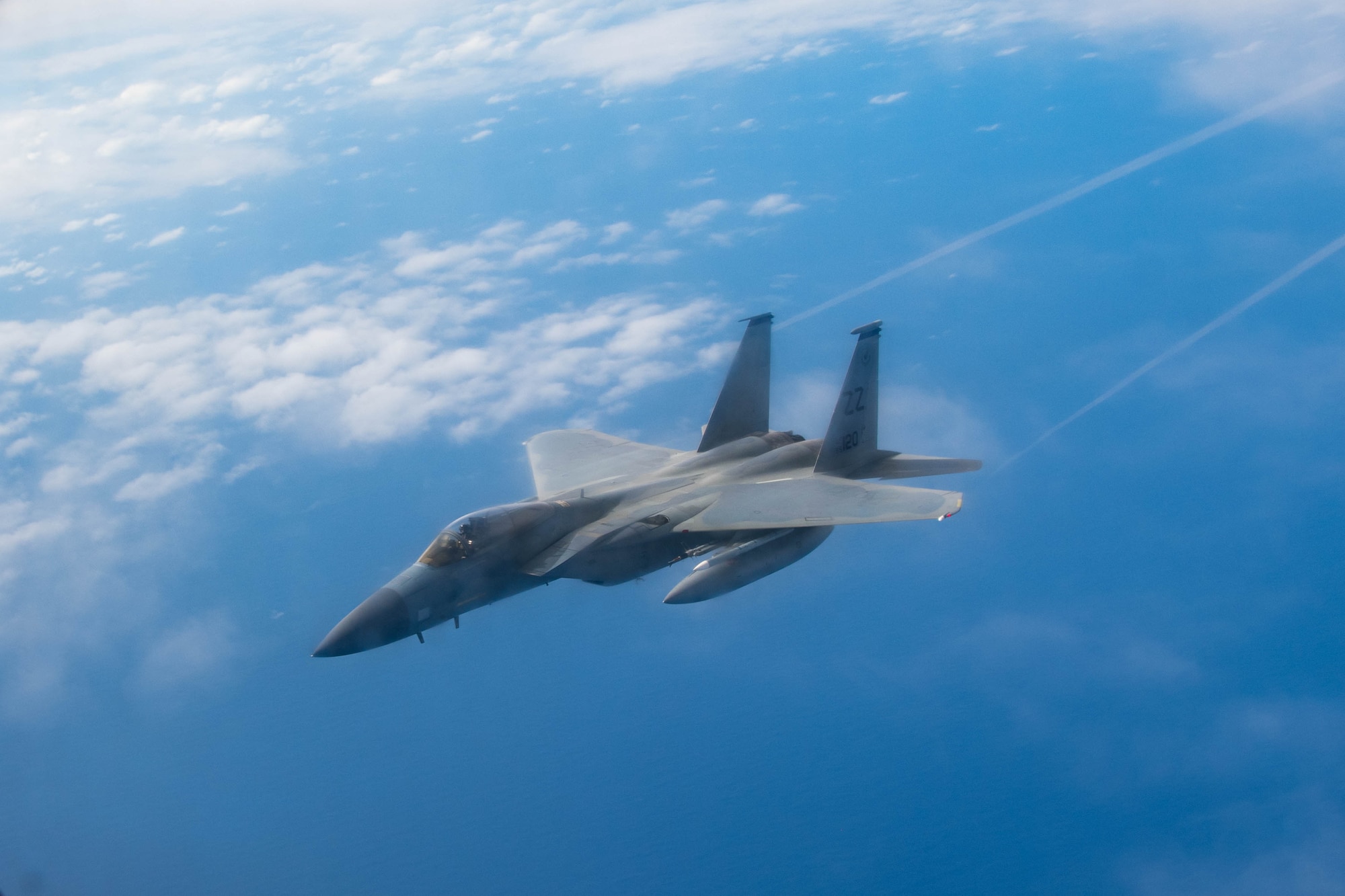 A jet flies.
