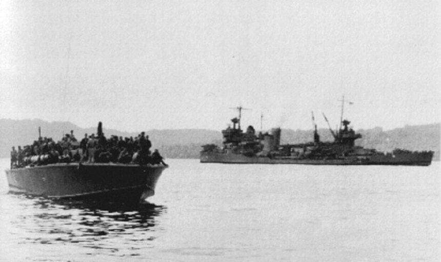 Survivors of Tassafaronga, ca. December 1942. U.S. Navy photo taken after the Battle of Tassafaronga off Guadalcanal shows a U.S. PT boat bringing survivors of the heavy cruiser USS Northampton (CA-26) into Tulagi harbor. In the background is the heavy cruiser New Orleans (CA-32) with her bow blown off, including her #1 main battery turret. New Orleans survived despite losing almost a quarter of her length.