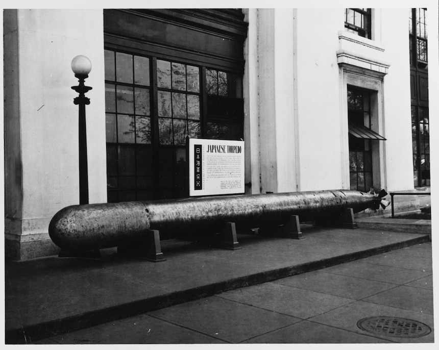 Japanese Type 93, 24” Diameter Torpedo, ca. 1942-1945. On exhibit outside the main Navy/munitions building complex in Washington, D.C. during World War II. This torpedo was recovered from a reef off Point Cruz, Guadalcanal. (NH 94125)