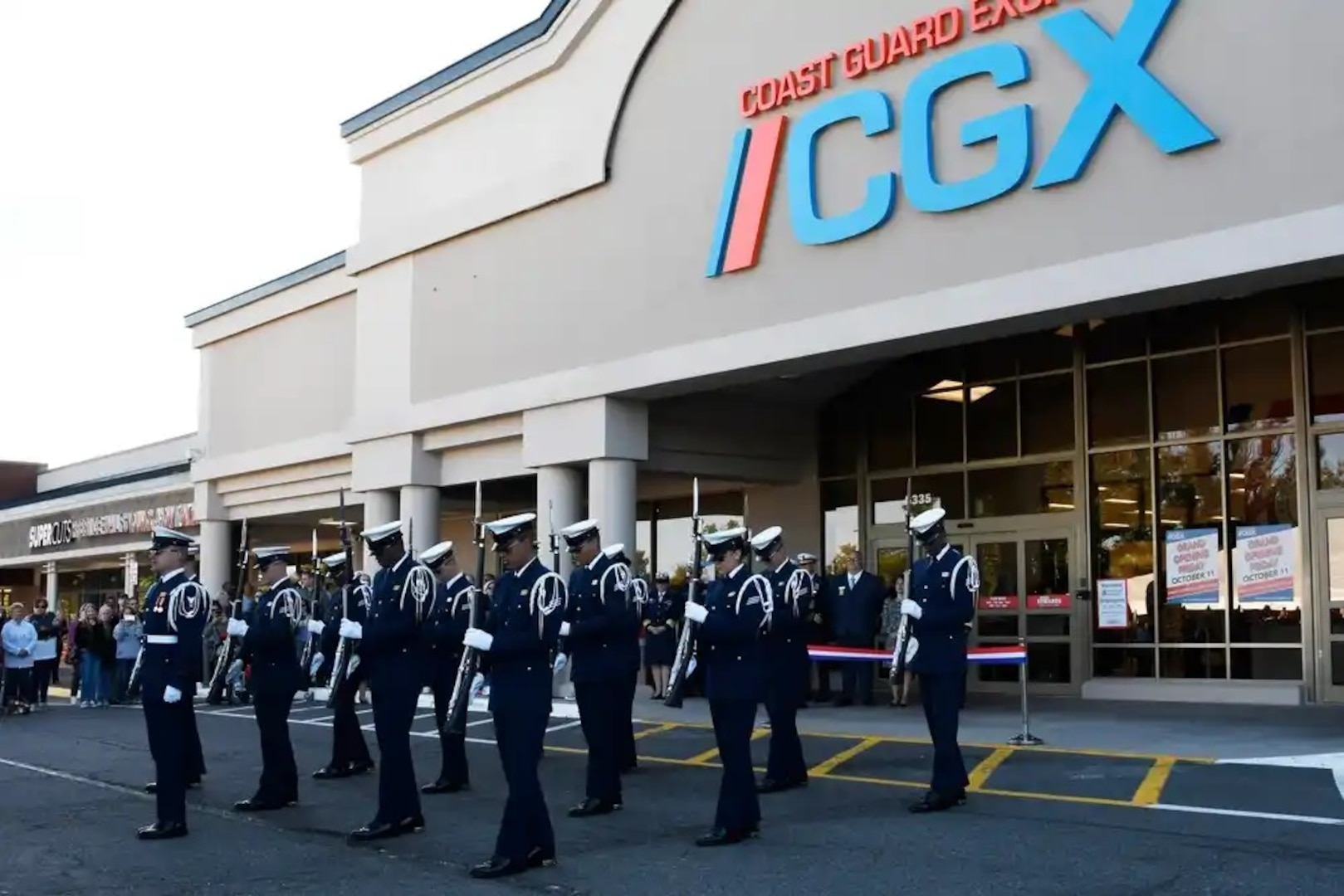 The Coast Guard Silent Drill Team participates in the Grand opening of the Centerville, Va., Coast Guard Exchange in Centerville, Friday, Oct. 11, 2019. The Coast Guard operates 64 exchanges throughout the continental United States, Alaska, Hawaii, and Puerto Rico. Proceeds support morale, well-being and recreation (MWR) activities through the world. Over the past 10 years Coast Guard exchanges have contributed more than $23 million to MWR programs. U.S. Coast Guard photo by Chief Petty Officer Chystalynn Kneen)