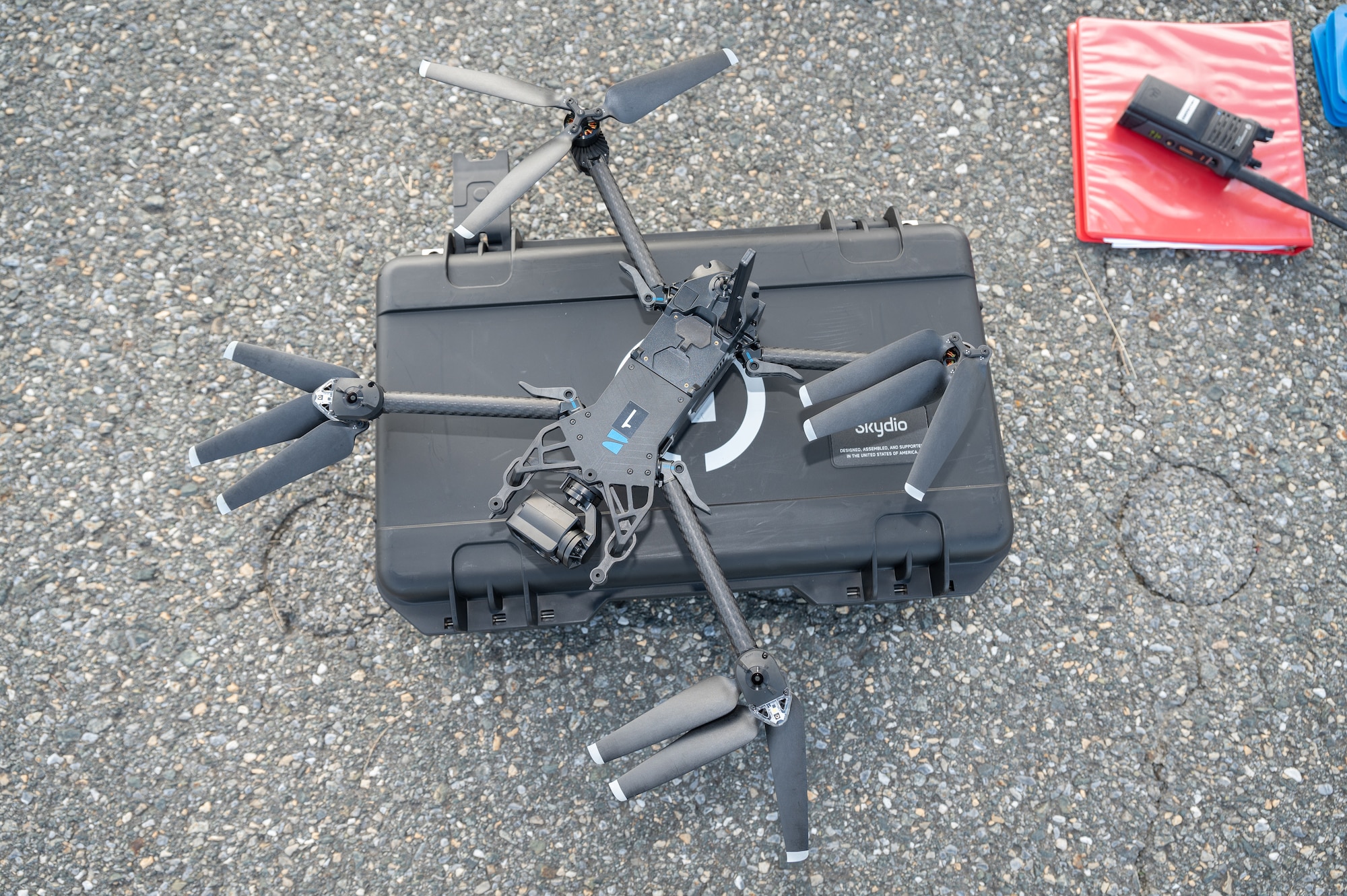 A Skydio X2D drone belonging to the 436th Mission Generation Group at Dover Air Force Base, Delaware, Nov. 4, 2022. This specific drone model is available only to the Department of Defense. (U.S. Air Force photo by Mauricio Campino)