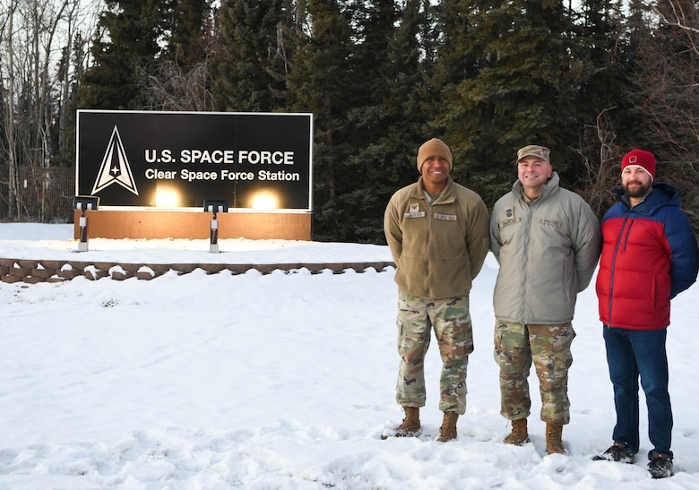 Col. Marcus Jackson, Space Base Delta 2 commander, CMSgt. Charles Shurchay, SBD2 senior enlisted leader, and Mr. Andrew Halldin, SBD2 director of mission support, visited Clear Space Force Station, Alaska, on Nov. 9, 2022.