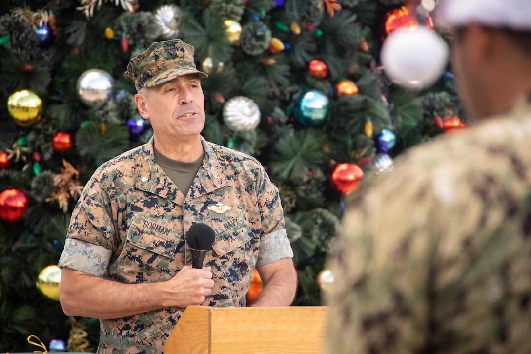 U.S. Navy Cmdr. Edward M. Gorman provides the invocation during the 2022 Tree Lighting Ceremony at the Mokapu Mall, Marine Corps Base Hawaii, Nov. 22, 2022. The annual tree lighting ceremony is an opportunity for MCBH families to come together in celebration of the start of the holiday season. (U.S. Marine Corps photo by Staff Sgt. Jordan E. Gilbert)