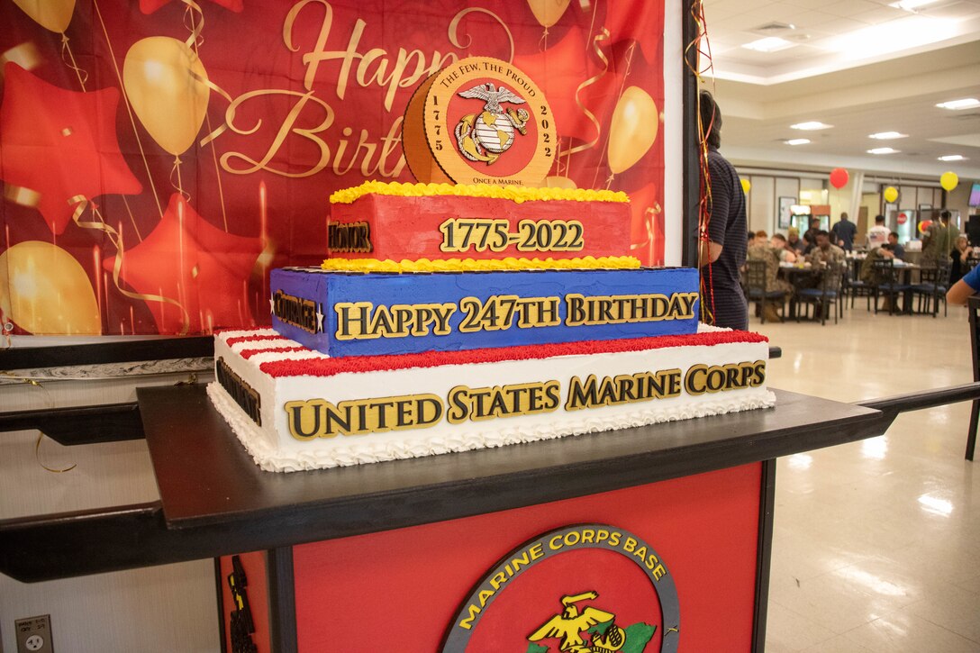 The 247th U.S. Marine Corps birthday cake is displayed during the birthday lunch at Anderson Chow Hall, Marine Corps Base Hawaii, Nov. 10, 2022. Anderson Chow Hall held its annual Marine Corps birthday lunch consisting of steak, lobster, crab legs, and cake celebrating the Corps' 247th birthday. (U.S. Marine Corps photo by Lance Cpl. Cody Purcell)