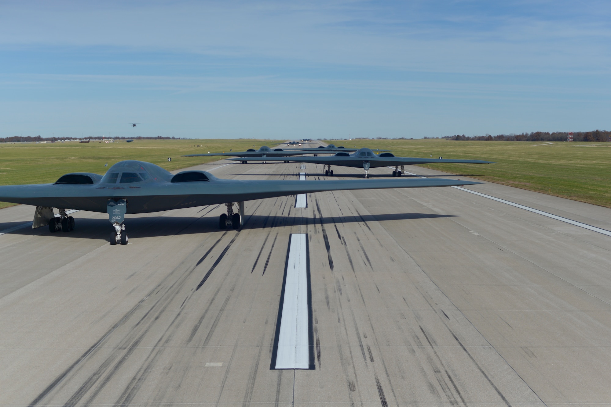 Airmen from the 509th Bomb Wing participate in a B-2 Spirit elephant walk, at Whiteman Air Force Base, Missouri, Nov. 7, 2022.  The elephant walk was a culmination of this year’s SPIRIT VIGILANCE exercise. The VIGILANCE an exercise series is an Air Forces Strategic-Air exercise that focuses on the training and readiness of Airmen directly involved in bomber operations, with a specific focus on a different component of bomber operations with each iteration. (U.S. Air Forces photo by Tech. Sgt. Heather Salazar)