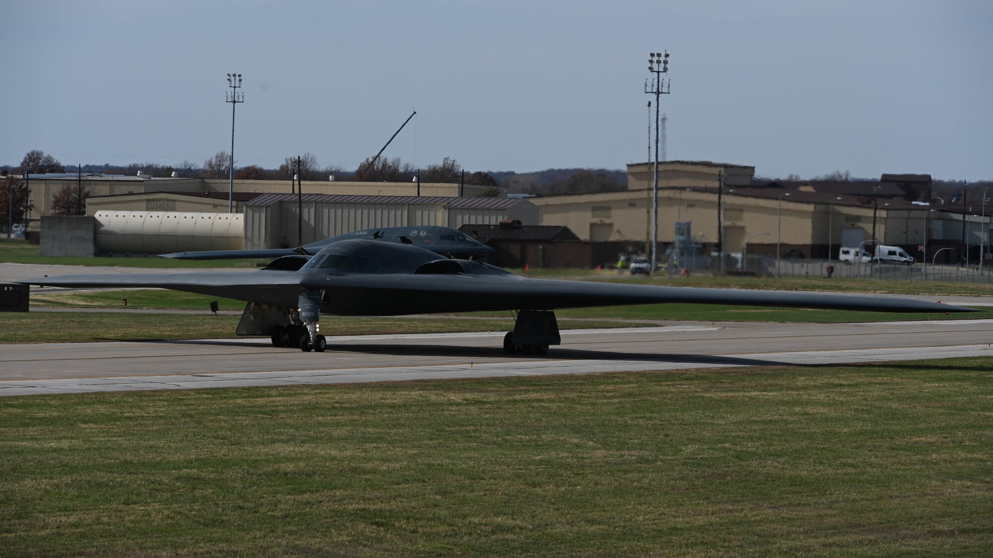 A B-2 Spirit stealth bombers assigned to the 509th Bomb Wing taxis to the runway at Whiteman Air Force Base, Missouri November 7, 2022. The B-2 participated in Spirit Vigilance, a routine training exercise designed to test the wing's readiness to conduct deterrence and combat operations. (U.S. Air Force photo by Airman 1st Class Hailey Farrell)