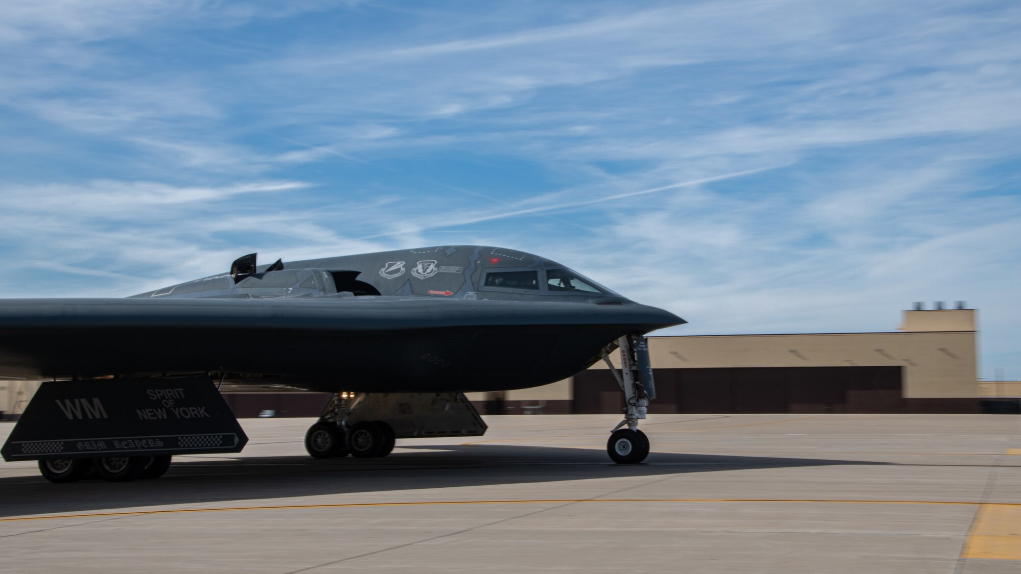 A B-2 Spirit stealth bomber taxis to the runway during Exercise Spirit Vigilance 23 at Whiteman Air Force Base, Missouri, Nov. 7, 2022. Spirit Vigilance is an exercise focused on increasing the readiness of the Airmen who support and execute the B-2 Spirit stealth bomber mission. (U.S. Air National Guard photo by Airman 1st Class Phoenix Lietch)