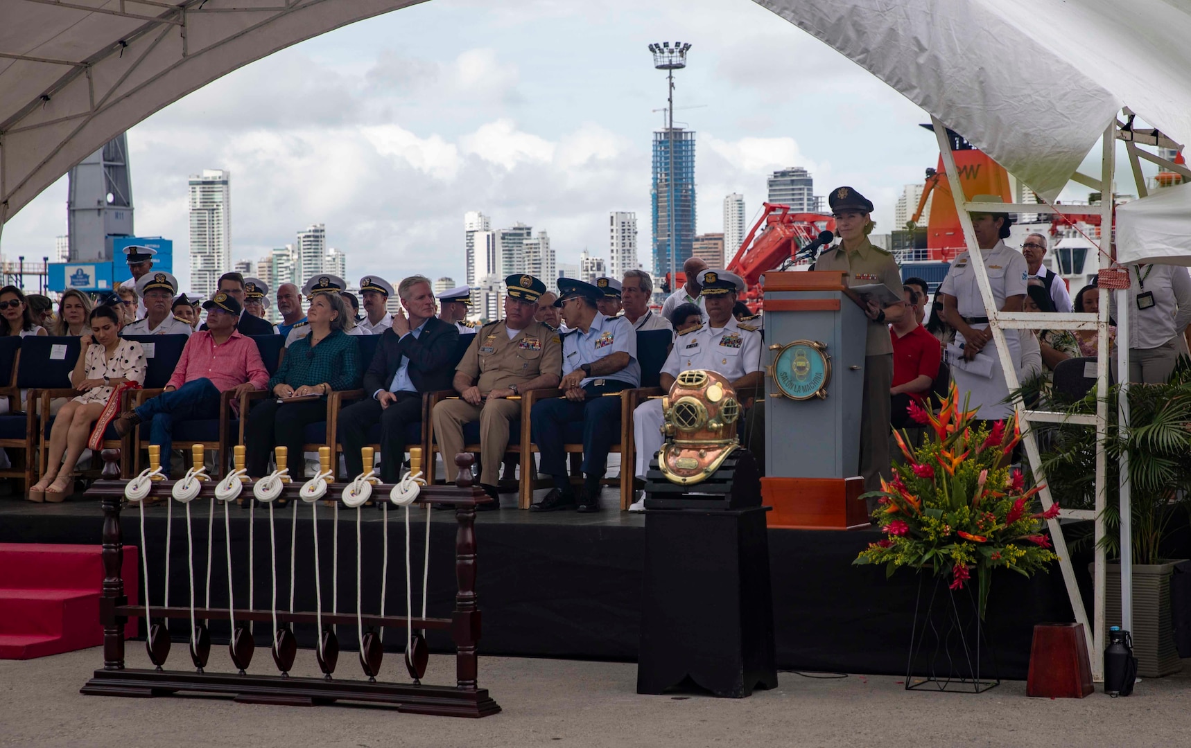 221118-N-VQ41-1133 CARTAGENA, Colombia (Nov. 18, 2022) Gen. Laura J. Richardson, commander of U.S. Southern Command, speaks to U.S. and Colombian service members and officials during a closing ceremony signaling the end of the Colombia portion of Continuing Promise 2022 on the pier next to hospital ship USNS Comfort (T-AH 20), Nov. 18, 2022. Comfort is deployed to U.S. 4th Fleet in support of Continuing Promise 2022, a humanitarian assistance and goodwill mission conducting direct medical care, expeditionary veterinary care, and subject matter expert exchanges with five partner nations in the Caribbean, Central and South America. (U.S. Navy photo by Mass Communication Specialist 2nd Class Ethan J. Soto)