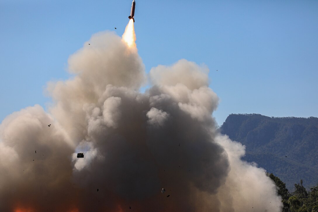 Soldiers from 1-1 Air Defense Artillery Battalion fires a patriot missile during Exercise Talisman Sabre 21 on July 16, 2021, at Camp Growl located in Queensland, Australia. This is the ninth iteration of Talisman Sabre, a large-scale, bilateral military exercise between Australia and the U.S. involving more than 17,000 participants from seven nations. The month-long multi-domain exercise consists of a series of training events that reinforce the strong U.S./Australian alliance and demonstrate the U.S. Military’s unwavering commitment to a free and open Indo-Pacific. (U.S. Army photo by Maj. Trevor Wild, 38th ADA BDE Public Affairs.)