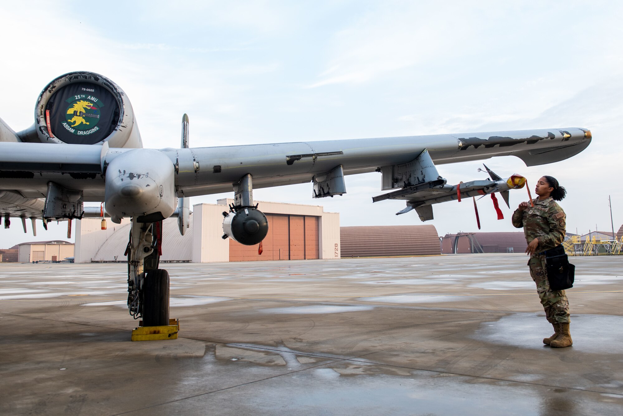 U.S. Air Force Staff Sgt. Kenyah Smith, 25th Fighter Generation Squadron weapons load crew member, inspects an AIM-9L/M munition on an A-10C Thunderbolt II during a weapons load crew of the quarter competition