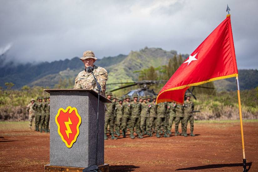25th Infantry Division Deputy Commanding General - Operations, Brig. Gen. Jeffrey VanAntwerp, speaks during the Joint Pacific Multinational Readiness Training Center (JPMRC) rotation 23-01 opening ceremony on Area X-Ray at Schofield Barracks, Hawaii, Oct. 20, 2022. JPMRC’s realistic training provide capable and ready land forces positioned throughout the Indo-Pacific, bolstering allies and partners and ensuring that the 25th Infantry Division is prepared for any contingency or conflict. (U.S. Army photo by Pfc. Mariah Aguilar)