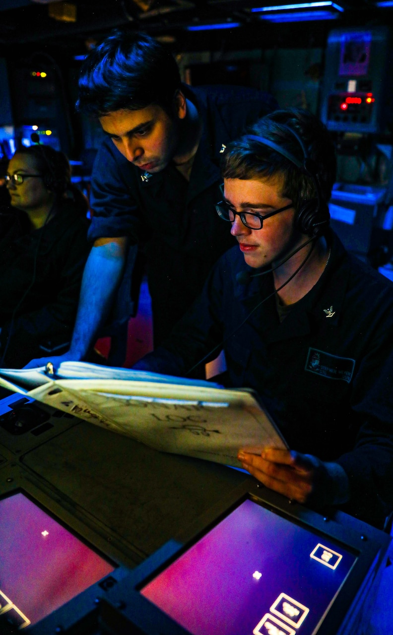 SOUTH CHINA SEA (Nov. 29, 2022) Sonar Technician 3rd Class Stephen Meyer, from Rembert, South Carolina, conducts watch standing procedures in the sonar control room as the Ticonderoga-class guided-missile cruiser USS Chancellorsville (CG 62) conducts routine operations in the South China Sea, Nov. 29. Chancellorsville is forward-deployed to the U.S. 7th Fleet area of operations in support of a free and open Indo-Pacific. (U.S. Navy photo by Mass Communication Specialist 2nd Class Justin Stack)