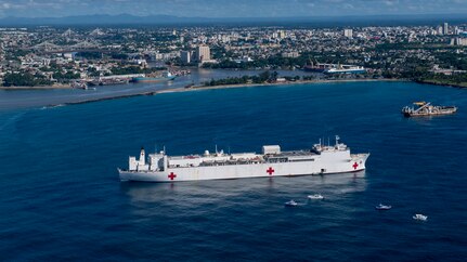 221127-N-DF135-1022 SANTO DOMINGO, Dominican Republic (Nov. 27, 2022) – The hospital ship USNS Comfort (T-AH 20) sits anchored in the harbor of Santo Domingo, Dominican Republic on Nov. 27, 2022. Comfort is deployed to U.S. 4th Fleet in support of Continuing Promise 2022, a humanitarian assistance and goodwill mission conducting direct medical care, expeditionary veterinary care, and subject matter expert exchanges with five partner nations in the Caribbean, Central and South America. (U.S. Navy photo by Mass Communication Specialist 3rd Class Deven Fernandez)