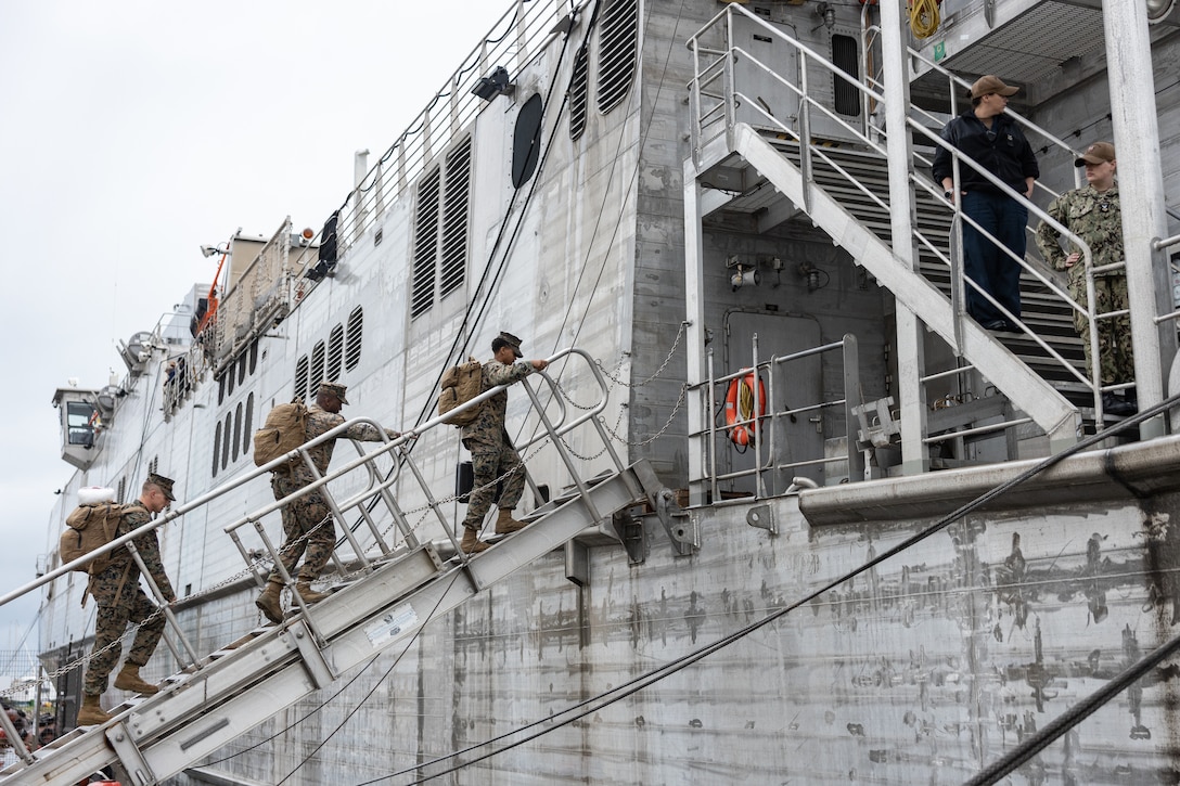 U.S. Marines assigned to II Marine Expeditionary Force board the Spearhead-class expeditionary fast transport USNS Trenton (T-EPF 5) in Ljubljana, Slovenia, Nov. 16, 2022. Marines assigned to II MEF, based out of Camp Lejeune, North Carolina, embarked aboard USNS Trenton to improve interoperability while refining the U.S. capability to rapidly deploy forces aboard U.S. Navy expeditionary fast transport vessels.