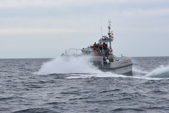 A 47-foot Motor Life Boat crew from U.S. Coast Guard Station Barnegat Light, in Ocean County, New Jersey, is shown here exiting the Barnegat Inlet and into the Atlantic Ocean, Aug. 8, 2021.  U.S. Coast Guard Photo by SN Kesami Hitaffer.