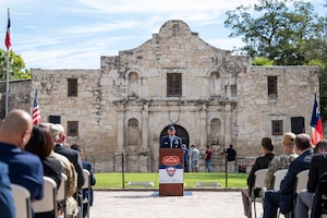 U.S. Air Force Lt. Gen. Brian Robinson, commander of Air Education and Training Command, gives closing remarks during the opening ceremony for the 52nd Anniversary of Celebrate America's Military outside the Alamo in San Antonio, Texas, Oct. 31, 2022