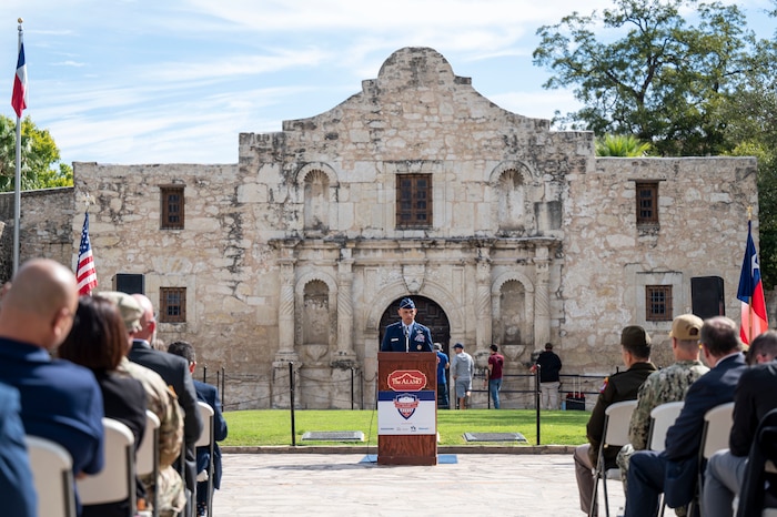 U.S. Air Force Lt. Gen. Brian Robinson, commander of Air Education and Training Command, gives closing remarks during the opening ceremony for the 52nd Anniversary of Celebrate America's Military outside the Alamo in San Antonio, Texas, Oct. 31, 2022