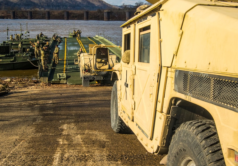 Army Reserve Soldiers cross the Ohio River during weekend training