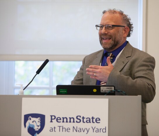 Senior Acoustics Engineer Sherwood (Woody) Polter from Naval Surface Warfare Center, Philadelphia Division presents Real-time Data Visualization of Machinery Data from Embedded Sensor Nodes at the Naval Innovative Science and Engineering (NISE) Summit at Penn State University at the Navy Yard in Philadelphia on Oct. 12, 2022. (U.S. Navy Photo by Gary Ell/Released)