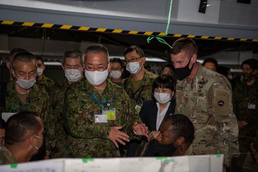 Gen. Yoshihide Yoshida, 陸上自衛隊 Japan Ground Self-Defense Force chief of staff, visited Camp Itami Dec. 10, to observe Yama Sakura 81.

Yoshida was greeted by Lt. Gen. Shin Nozawa, 陸上自衛隊 中部方面隊 commanding general, and the rest of the Middle Army staff. Yoshida also held an office call with Maj. Gen. JB Vowell, U.S. Army Japan commanding general, followed by battlefield circulation of the Central Control Facility and the Bilateral Operations Center.

Yama Sakura 81 is the largest U.S.-Japan bilateral and joint command post exercise which enables participants to work as dedicated partners in support of the U.S.-Japan security alliance and for continued peace and stability in the Indo-Pacific. This year's exercise commemorates the 40th anniversary of Yama Sakura.

U.S. Navy photos by Mass Communications Specialist 3rd Class Donovan Zeanah