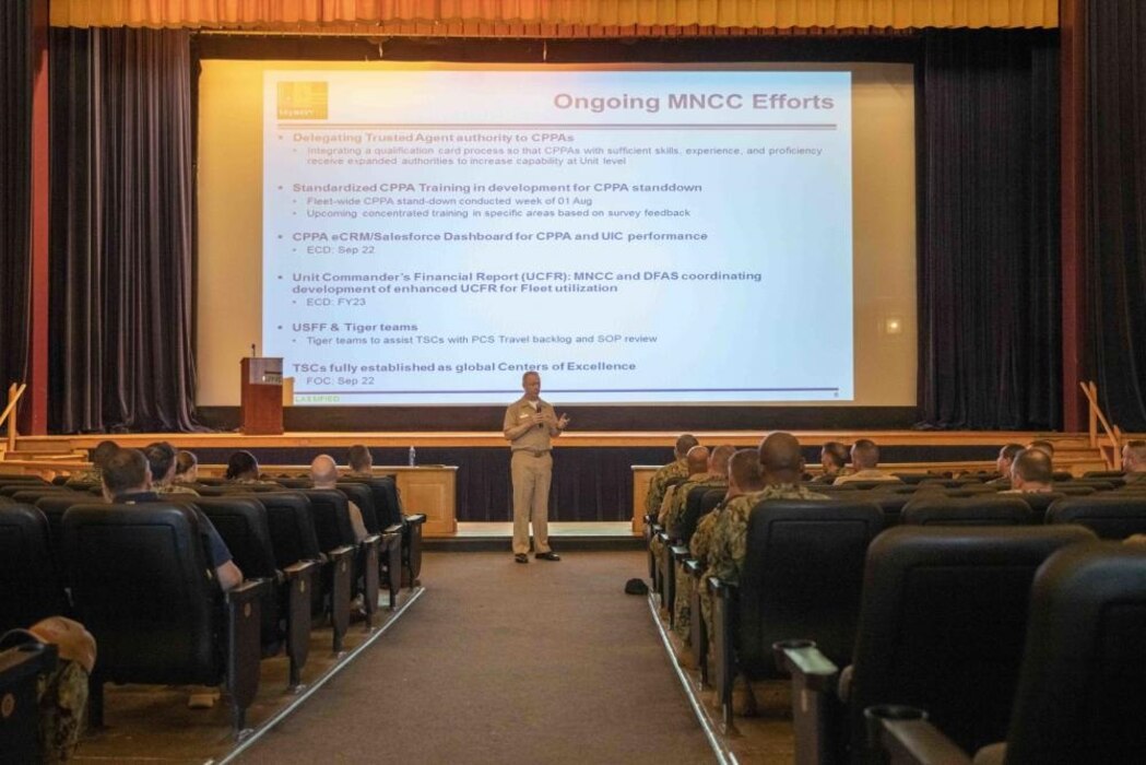 220901-N-PW480-0026 GREAT LAKES, Ill. (Sep. 1, 2022) – Commander, MyNavy Career Center, Rear Adm. Stu Satterwhite, speaks inside of Ross Theater during a visit to Naval Station Great Lakes, Sept. 1. Satterwhite met with command pay and personnel administrators assigned to Great Lakes-area commands to discuss changes to pay processes and other improvements. (U.S. Navy photo by Mass Communication Specialist 2nd Class Nikita Custer)