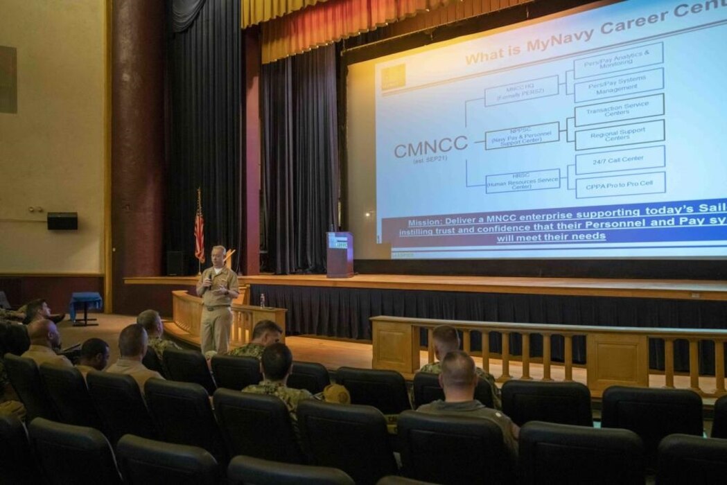 220901-N-PW480-0015 GREAT LAKES, Ill. (Sep. 1, 2022) – Commander, MyNavy Career Center, Rear Adm. Stu Satterwhite, speaks inside of Ross Theater during a visit to Naval Station Great Lakes, Sept. 1. Satterwhite met with command pay and personnel administrators assigned to Great Lakes-area commands to discuss changes to pay processes and other improvements. (U.S. Navy photo by Mass Communication Specialist 2nd Class Nikita Custer)