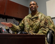 Master Sgt. Stephaun McKinley, 791st Missile Security 
Forces Squadron operations and training superinten-
dent, discusses his journey to become a commissioned 
officer at Minot Air Force Base, North Dakota, Nov. 3, 
2022. McKinley was selected to commission under the 
Senior Enlisted Commissioning Program. (U.S. Air 
Force photo by Master Sgt. Ryan Bell)