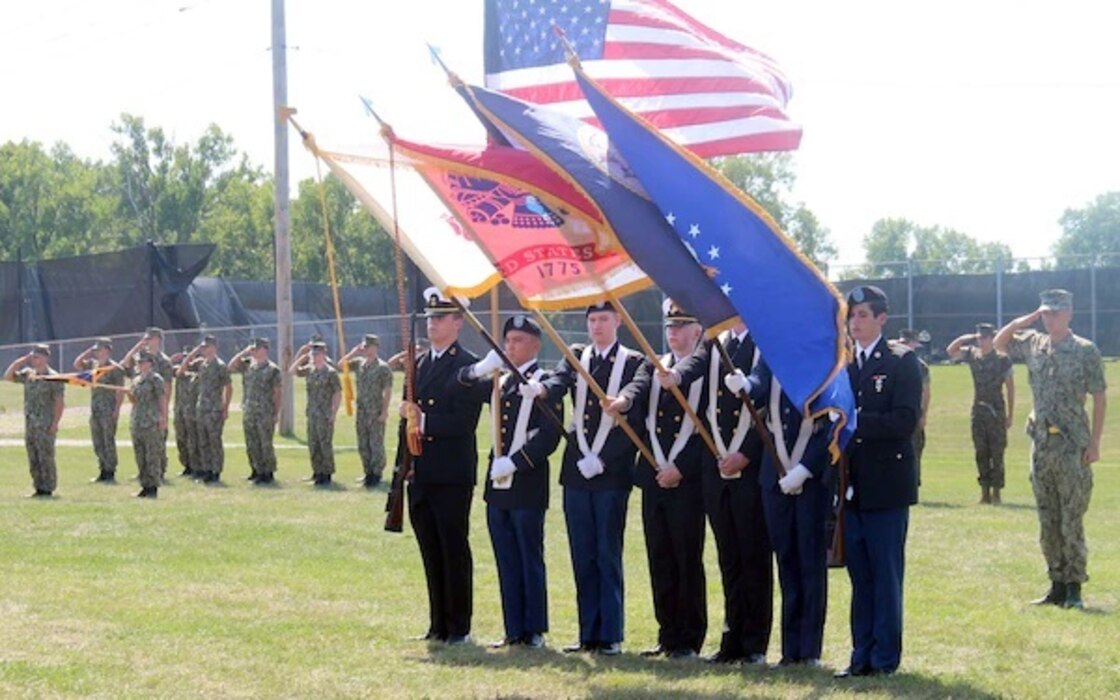 AMES, Iowa (Sept. 2, 2022) The Iowa State University (ISU) Reserve Officer Training Command joint color guard participate in a groundbreaking ceremony for the new Lt. Col. Richard H. Burnett, Sr. USMC Memorial Obstacle Course on the campus here Sept. 2. (U. S. Navy photo courtesy of ISU NROTC)