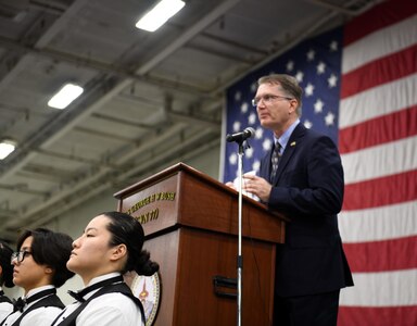 U.S. Embassy Rome Chargé d’Affaires ad interim Shawn Crowley speaks during a reception for local military and civilian leaders, honoring the U.S.–Italian relationship aboard the Nimitz-class aircraft carrier USS George H.W. Bush (CVN 77) during a scheduled port visit, Nov. 29, 2022.