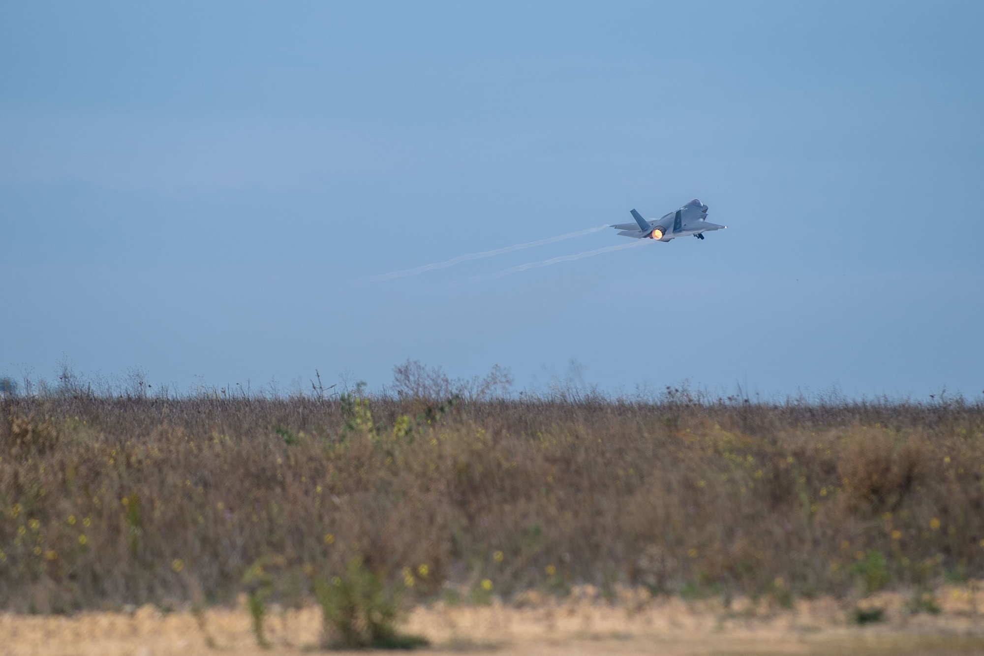 An F-35 Lightning II takes off during exercise Falcon Strike 2022