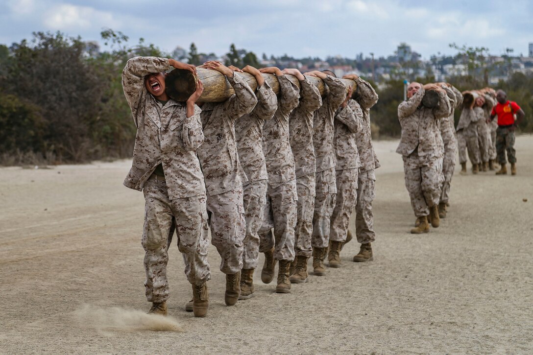 Groups of Marine recruits carry large logs on their shoulders.