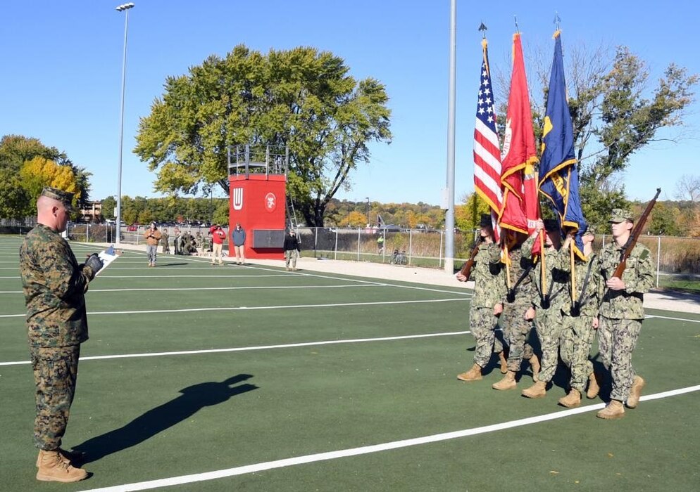 MADISON, Wis., (October 15, 2022) – The University of Wisconsin-Madison Naval Reserve Officers Training Corps (NROTC) Color Guard is inspected at the UW-Madison NROTC Fall Invitational, Oct. 15. The UW-Madison unit hosted four other NROTC units on their campus. The invitational has been an annual autumn event for 49 years. (U. S. Navy photo by Scott A. Thornbloom/Released)