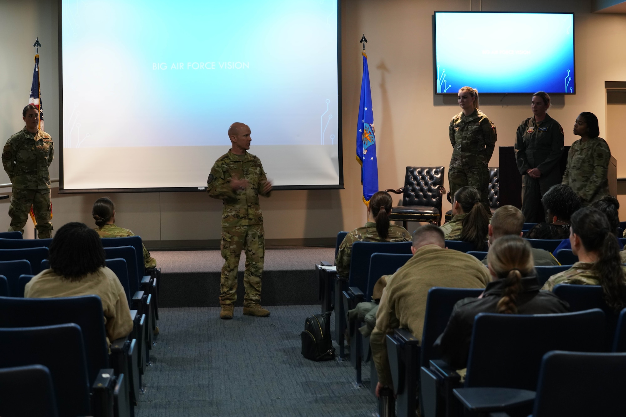 U.S. Air Force Col. Eric Schmidt, 432nd Wing commander, addresses the audience at the inaugural meeting of the wing's Women's Initiative Team (WIT) chapter at Creech Air Force Base, Nevada., Oct. 27, 2022. The WIT is composed of volunteers dedicated to identifying and eliminating barriers to women’s service in the Department of the Air Force and Department of Defense while building a community of leadership and a network of allies and support agencies. (U.S. Air Force photo by Airman 1st Class Ariel O'Shea)