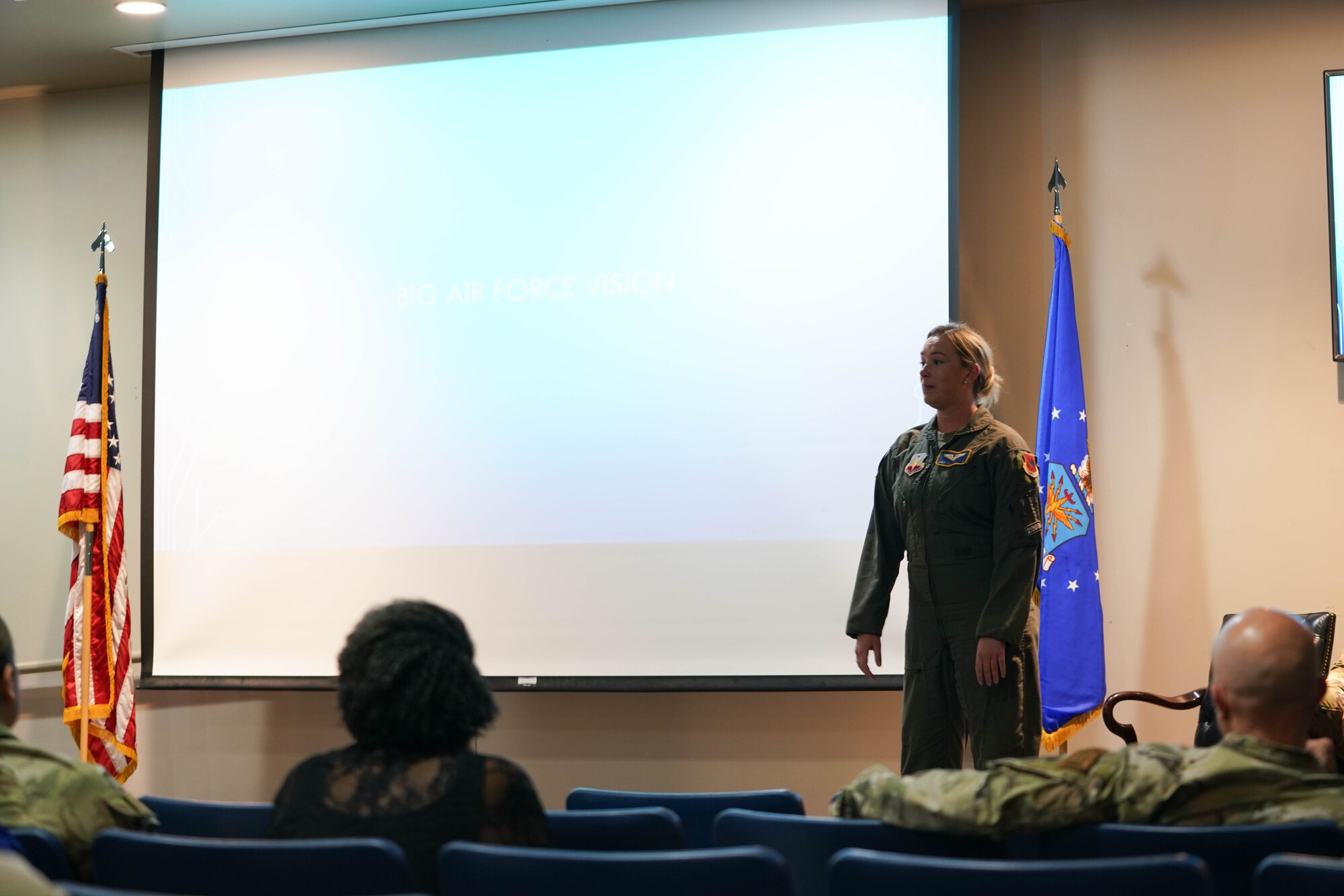 U.S. Air Force Master Sgt. Amanda, Women's Initiative Team (WIT) deputy team lead, speaks at the inaugural meeting for the WIT's 432nd Wing chapter at Creech Air Force Base, Nev., Oct. 26, 2022. The WIT chapter at the 432nd Wing seeks to address women's issues and barriers specific to the wing, and the military at large. (U.S. Air Force photo by Airman 1st Class Ariel O'Shea)