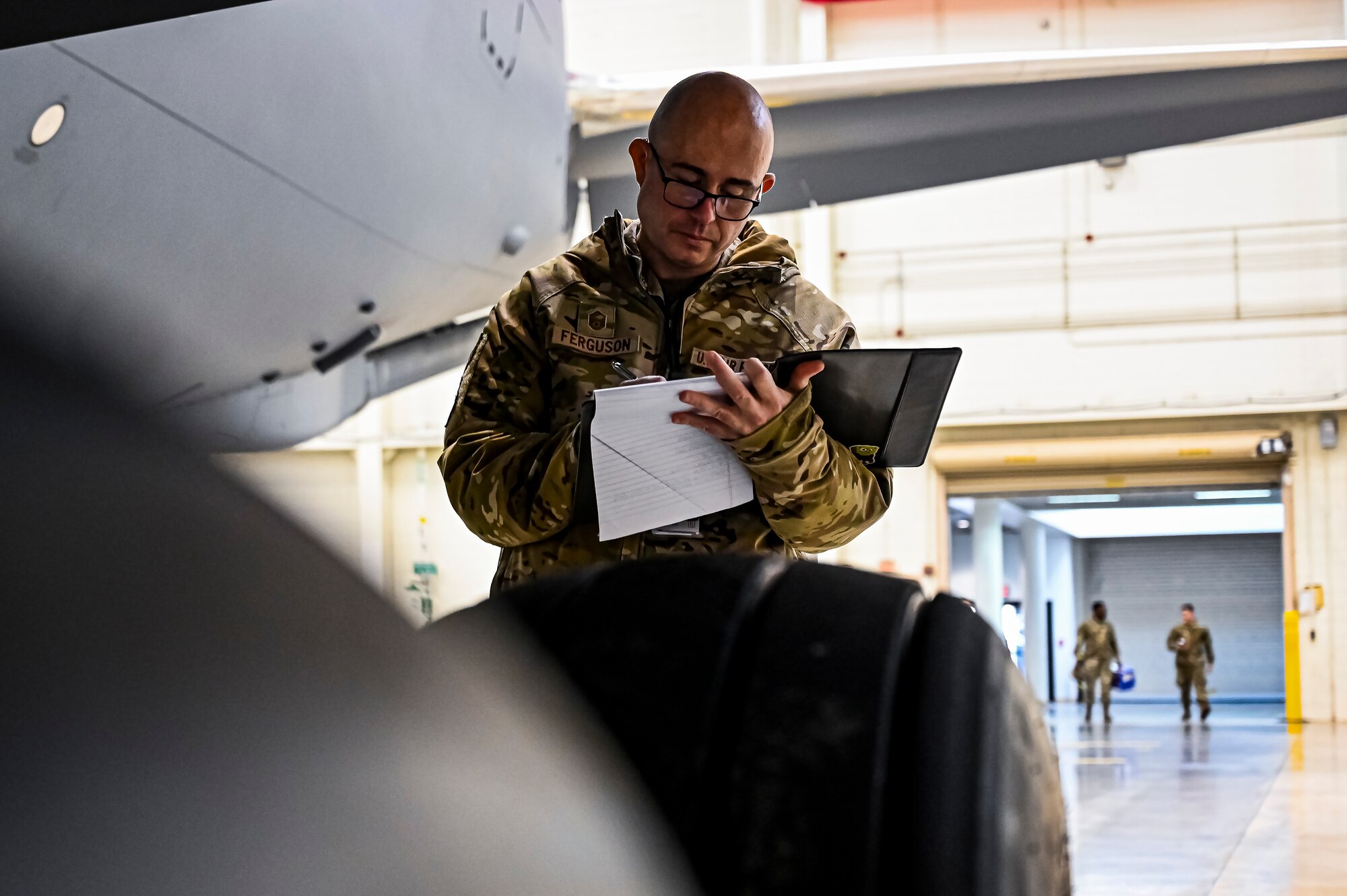 U.S. Air Force Master Sgt. Johnathan Ferguson, 305th Air Mobility Wing quality assurance inspector, performs a quality assurance inspection at Joint Base McGuire-Dix-Lakehurst, N.J. on Nov. 22, 2022. Ferguson is one of over one million registered bone marrow donors through the Department of Defense’s Salute to Life program. This year he met with the recipient of a donation he made in 2012 that allowed the patient to achieve remission of leukemia.