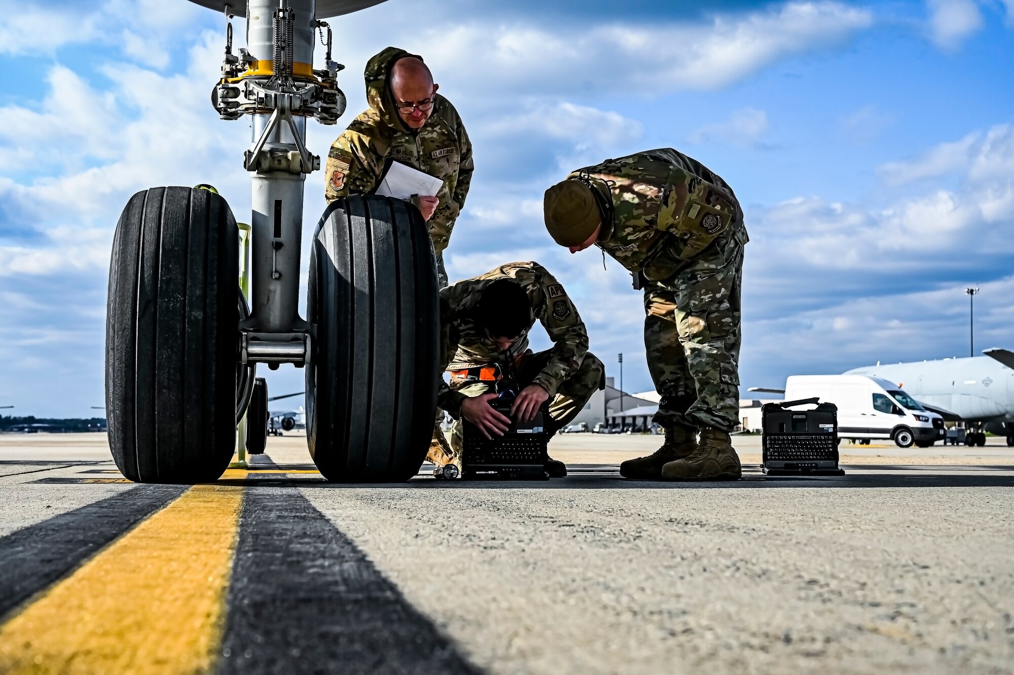 U.S. Air Force Master Sgt. Johnathan Ferguson, 305th Air Mobility Wing quality assurance inspector, performs a quality assurance inspection at Joint Base McGuire-Dix-Lakehurst, N.J. on Nov. 22, 2022. Ferguson is one of over one million registered bone marrow donors through the Department of Defense’s Salute to Life program. This year he met with the recipient of a donation he made in 2012 that allowed the patient to achieve remission of leukemia.