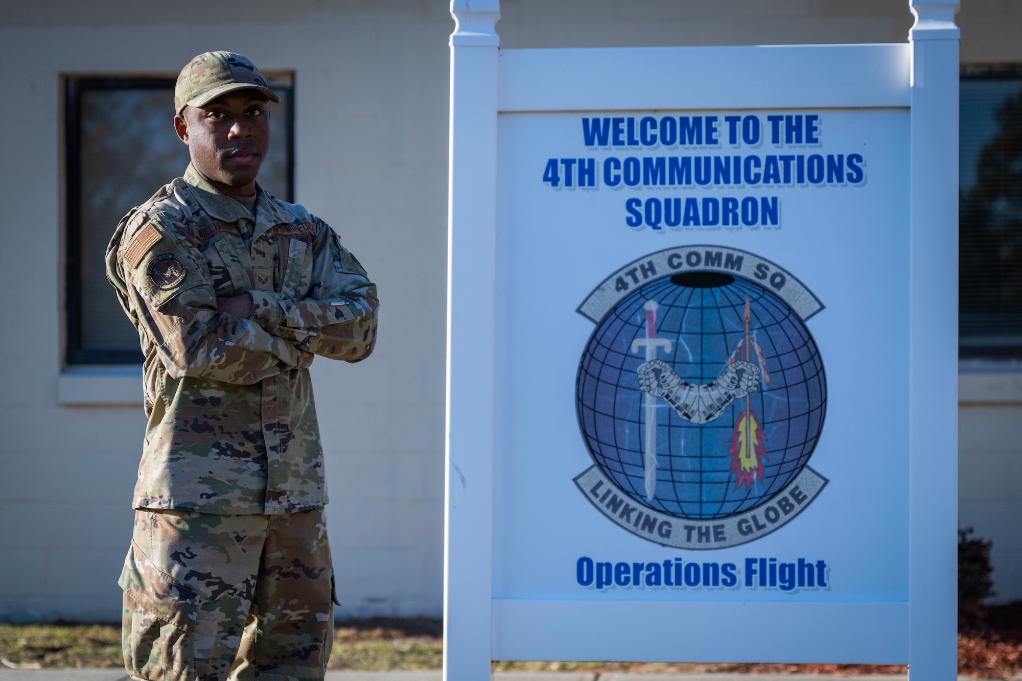 Senior Airman Davaris Williams, 4th Communications Squadron client systems technician, poses for a photo at Seymour Johnson Air Force Base, North Carolina, Nov. 29, 2022. The 4th CS includes more than 80 personnel from 11 different career fields.