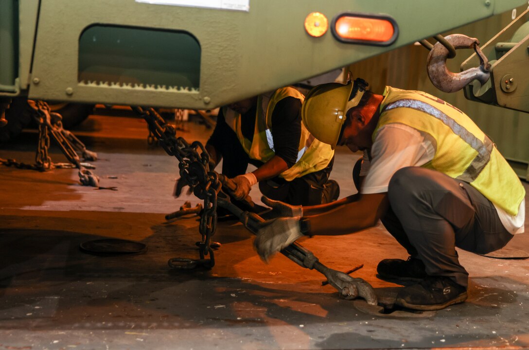 Soldiers assigned to 8th Theater Sustainment Command, 25th Infantry Division, 599th Transportation Brigade, 402nd Army Field Support Brigade, Department of Defense Contractors, and elements from the U.S. Navy downloaded military vehicles and containers as part of the Army Prepositioned Stock 3 Fix-Forward (Afloat) from the U.S. Naval Ship Watson at Honolulu, Hawaii, Nov. 29, 2022. The APS-3 mission demonstrates the 8th Theater Sustainment Command’s command and control of the APS-3 operations and assesses the operational flexibility to ensure strategic readiness. As the U.S. Indo-Pacific materiel integrator, the 8th TSC synchronizes capabilities and resources across the theater, enabling both our land forces and those of our allies and partners. Our mission is to plan, integrate, and synchronize theater distribution and sustainment operations with our joint logistics enterprise partners, stabilizing and securing the Indo-Asia Pacific Region. (Photos by Sgt. Maj. Shelia L. Cooper, 8th TSC Public Affairs)