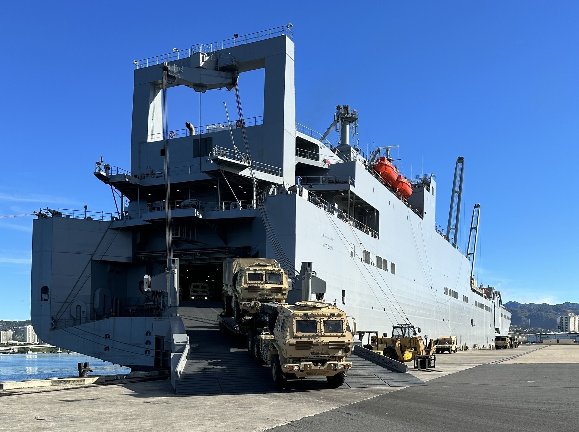 Soldiers assigned to 8th Theater Sustainment Command, 25th Infantry Division, 599th Transportation Brigade, 402nd Army Field Support Brigade, Department of Defense Contractors, and elements from the U.S. Navy downloaded military vehicles and containers as part of the Army Prepositioned Stock 3 Fix-Forward (Afloat) from the U.S. Naval Ship Watson at Honolulu, Hawaii, Nov. 29, 2022. The APS-3 mission demonstrates the 8th Theater Sustainment Command’s command and control of the APS-3 operations and assesses the operational flexibility to ensure strategic readiness. As the U.S. Indo-Pacific materiel integrator, the 8th TSC synchronizes capabilities and resources across the theater, enabling both our land forces and those of our allies and partners. Our mission is to plan, integrate, and synchronize theater distribution and sustainment operations with our joint logistics enterprise partners, stabilizing and securing the Indo-Asia Pacific Region. (Photos by Sgt. Maj. Shelia L. Cooper, 8th TSC Public Affairs)