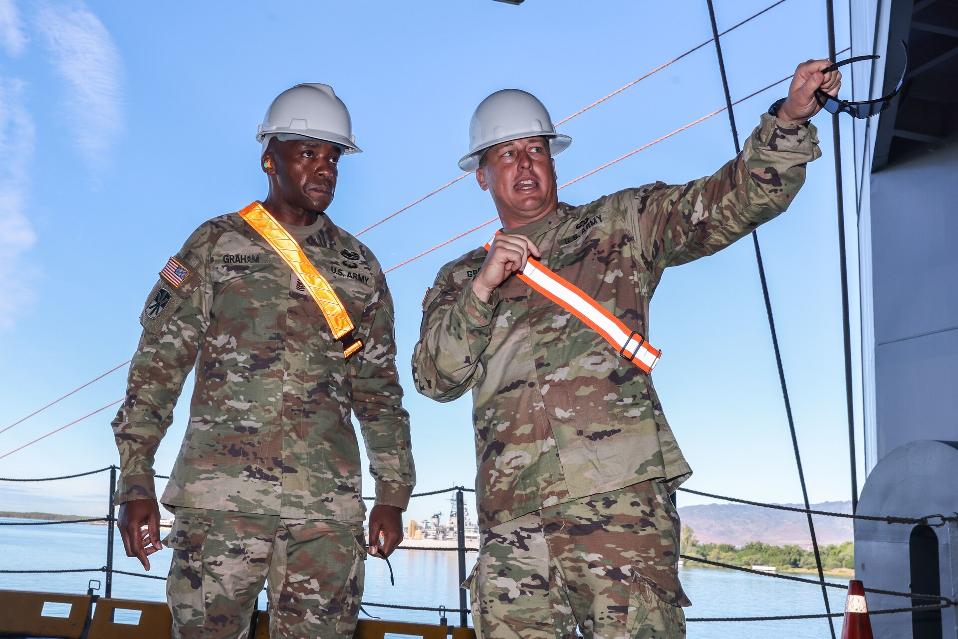 Soldiers assigned to 8th Theater Sustainment Command, 25th Infantry Division, 599th Transportation Brigade, 402nd Army Field Support Brigade, Department of Defense Contractors, and elements from the U.S. Navy downloaded military vehicles and containers as part of the Army Prepositioned Stock 3 Fix-Forward (Afloat) from the U.S. Naval Ship Watson at Honolulu, Hawaii, Nov. 29, 2022. The APS-3 mission demonstrates the 8th Theater Sustainment Command’s command and control of the APS-3 operations and assesses the operational flexibility to ensure strategic readiness. As the U.S. Indo-Pacific materiel integrator, the 8th TSC synchronizes capabilities and resources across the theater, enabling both our land forces and those of our allies and partners. Our mission is to plan, integrate, and synchronize theater distribution and sustainment operations with our joint logistics enterprise partners, stabilizing and securing the Indo-Asia Pacific Region. (Photos by Sgt. Kyler L. Chatman, 8th TSC Public Affairs)