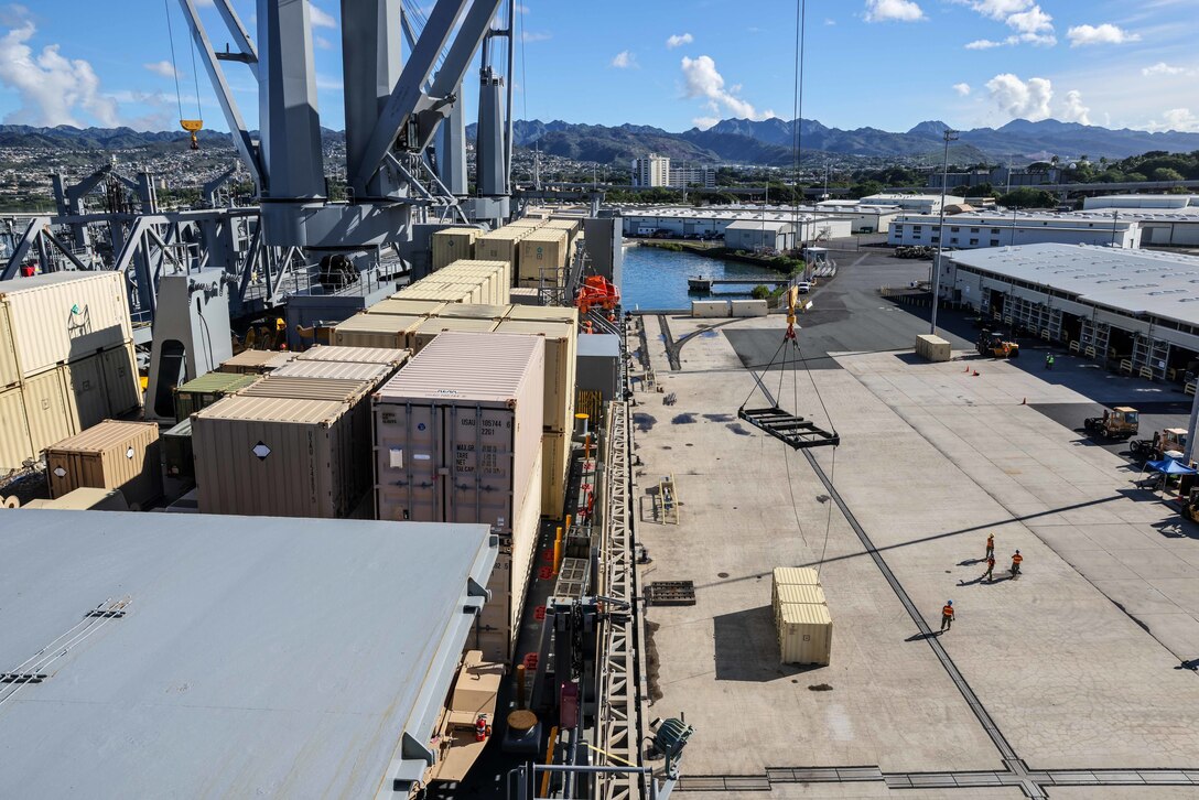 Soldiers assigned to 8th Theater Sustainment Command, 25th Infantry Division, 599th Transportation Brigade, 402nd Army Field Support Brigade, Department of Defense Contractors, and elements from the U.S. Navy downloaded military vehicles and containers as part of the Army Prepositioned Stock 3 Fix-Forward (Afloat) from the U.S. Naval Ship Watson at Honolulu, Hawaii, Nov. 29, 2022. The APS-3 mission demonstrates the 8th Theater Sustainment Command’s command and control of the APS-3 operations and assesses the operational flexibility to ensure strategic readiness. As the U.S. Indo-Pacific materiel integrator, the 8th TSC synchronizes capabilities and resources across the theater, enabling both our land forces and those of our allies and partners. Our mission is to plan, integrate, and synchronize theater distribution and sustainment operations with our joint logistics enterprise partners, stabilizing and securing the Indo-Asia Pacific Region. (Photos by Sgt. Kyler L. Chatman, 8th TSC Public Affairs)