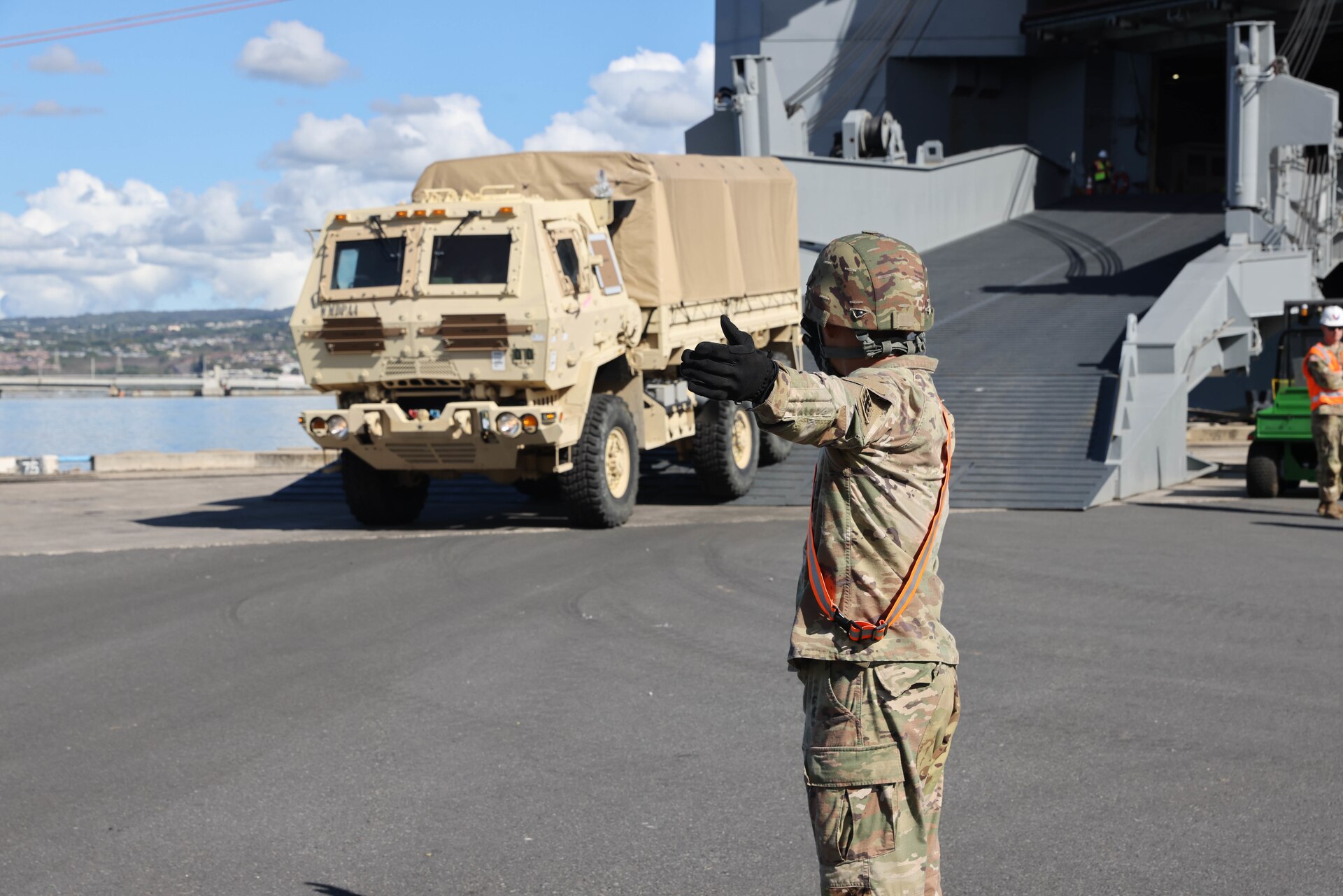 Soldiers assigned to 8th Theater Sustainment Command, 25th Infantry Division, 599th Transportation Brigade, 402nd Army Field Support Brigade, Department of Defense Contractors, and elements from the U.S. Navy downloaded military vehicles and containers as part of the Army Prepositioned Stock 3 Fix-Forward (Afloat) from the U.S. Naval Ship Watson at Honolulu, Hawaii, Nov. 29, 2022. The APS-3 mission demonstrates the 8th Theater Sustainment Command’s command and control of the APS-3 operations and assesses the operational flexibility to ensure strategic readiness. As the U.S. Indo-Pacific materiel integrator, the 8th TSC synchronizes capabilities and resources across the theater, enabling both our land forces and those of our allies and partners. Our mission is to plan, integrate, and synchronize theater distribution and sustainment operations with our joint logistics enterprise partners, stabilizing and securing the Indo-Asia Pacific Region. (Photos by Sgt. Kyler L. Chatman, 8th TSC Public Affairs)