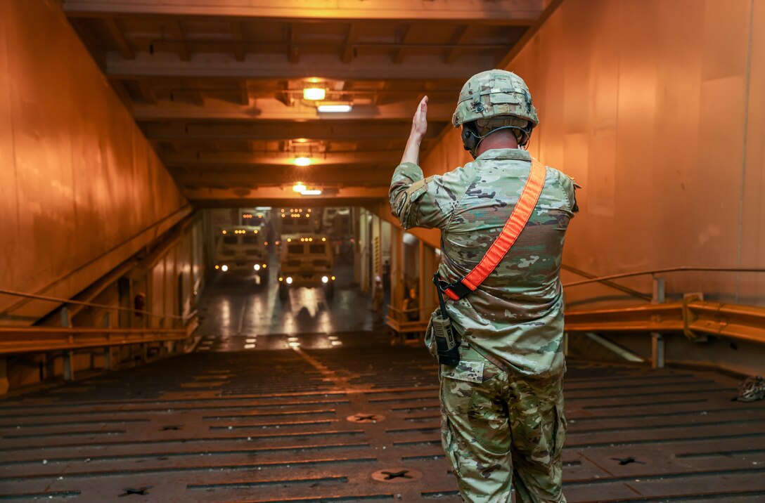 Soldiers assigned to 8th Theater Sustainment Command, 25th Infantry Division, 599th Transportation Brigade, 402nd Army Field Support Brigade, Department of Defense Contractors, and elements from the U.S. Navy downloaded military vehicles and containers as part of the Army Prepositioned Stock 3 Fix-Forward (Afloat) from the U.S. Naval Ship Watson at Honolulu, Hawaii, Nov. 29, 2022. The APS-3 mission demonstrates the 8th Theater Sustainment Command’s command and control of the APS-3 operations and assesses the operational flexibility to ensure strategic readiness. As the U.S. Indo-Pacific materiel integrator, the 8th TSC synchronizes capabilities and resources across the theater, enabling both our land forces and those of our allies and partners. Our mission is to plan, integrate, and synchronize theater distribution and sustainment operations with our joint logistics enterprise partners, stabilizing and securing the Indo-Asia Pacific Region. (Photos by Sgt. Kyler L. Chatman, 8th TSC Public Affairs)