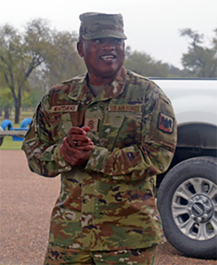 Senior Enlisted Advisor Tony L. Whitehead, the senior enlisted advisor for the chief, National Guard Bureau, speaks with Texas Army National Guardsmen assigned to Operation Lone Star Nov. 23, 2022, in Harlingen, Texas, during a battlefield circulation. Whitehead visited Soldiers and Airmen serving along the Texas-Mexico border over the Thanksgiving holiday.